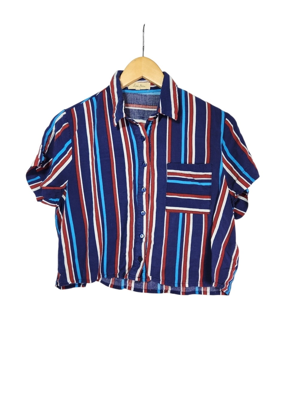 Love Notes XL Cropped Striped Button Front Top Rayon Blue Red White Festival USA